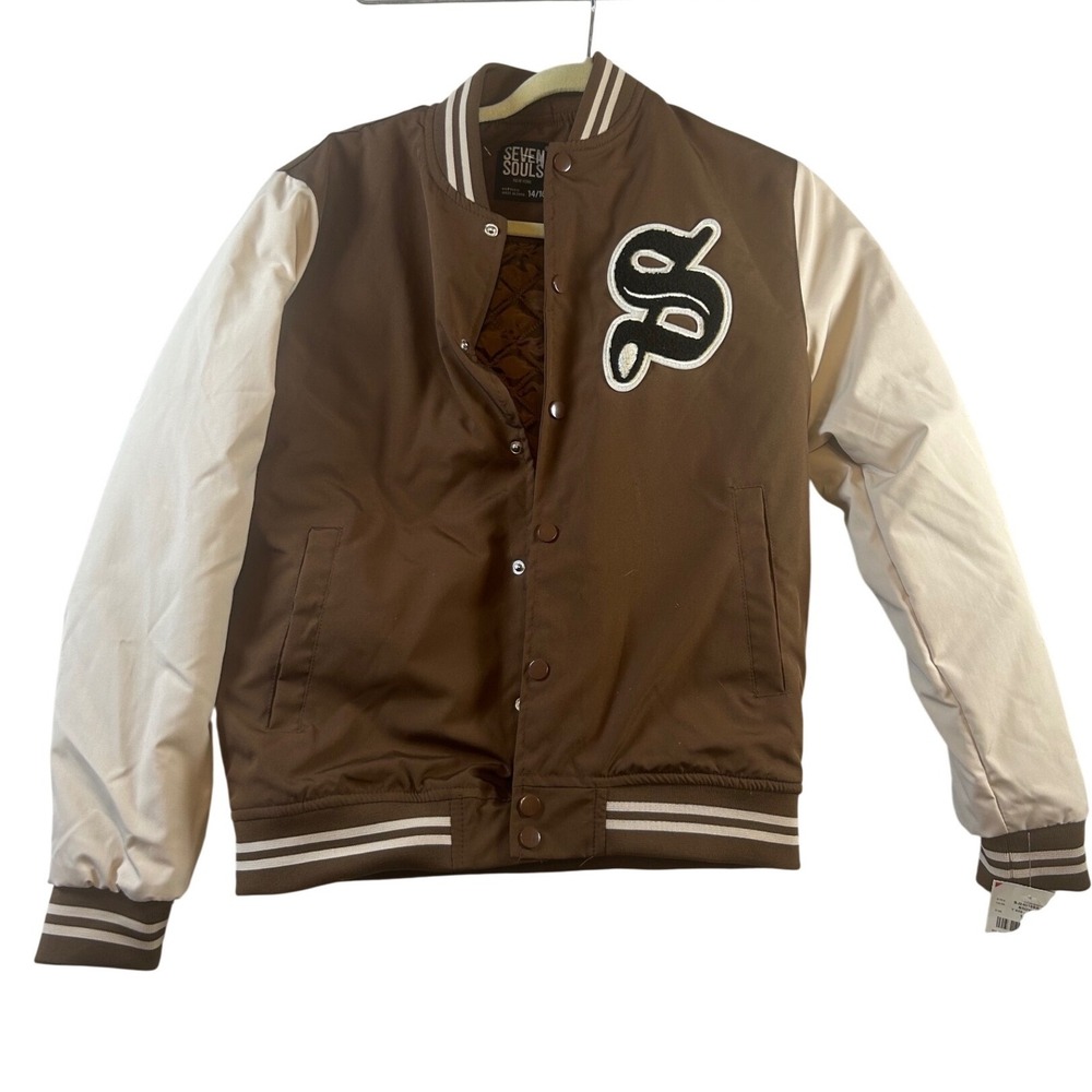 Seven Souls Youth Savage Varsity‎ Bomber Jacket Brown BJ24018BR1 Size 14/16 New